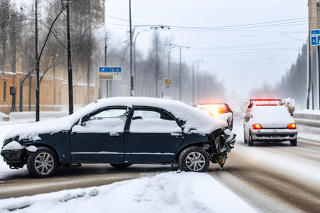 Crashed cars right after an accident on winter road with snow.の素材