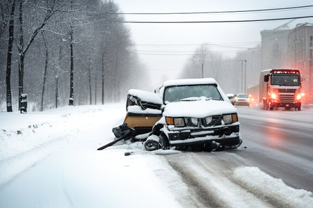 Crashed cars right after an accident on winter road with snow.の素材
