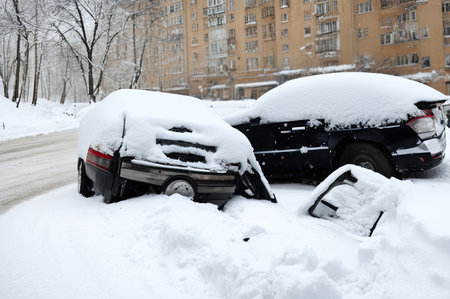 Crashed cars right after an accident on winter road with snow.の素材