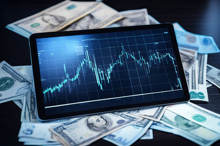 Currency/Stock Correction Chart on Tablet. Table, Banknotes.の素材