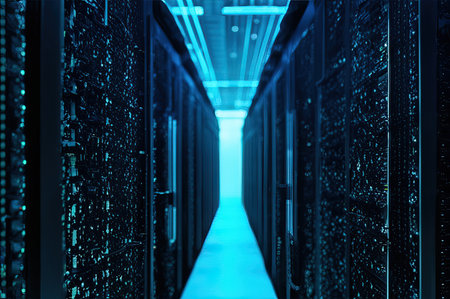 Modern Data Technology Center. Server Racks with IoT, Data Flow, and Digitalization.の素材