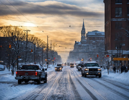 Empty street in Boston Back Bay during a snow Storm.の素材