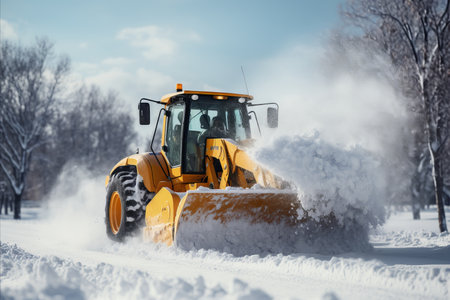 Snowplows clearing snow-covered roads in the city during heavy snowfallの素材