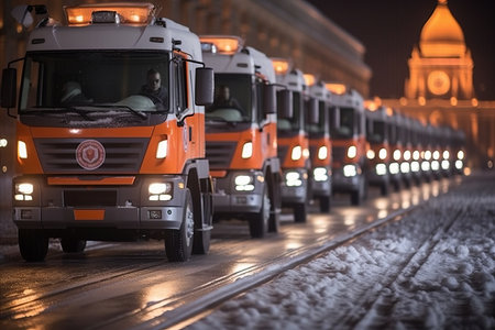Snow removal in the city after heavy snowfall, snowplows clearing roads and streetsの素材