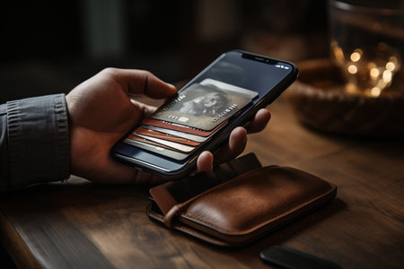 Mobile payment. Hand holding smartphone with payment app and magnetic wallet with credit cardsの素材