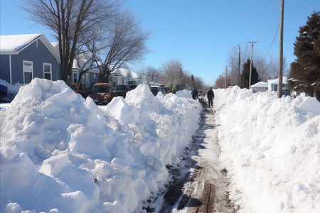 Serene Winter Cityscape. Scenic Views of Snow-Laden Streets Being Cleared by Efficient Snowplowsの素材
