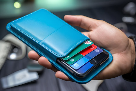 Person using smartphone payment app near magnetic wallet with credit cards for cashless transactionsの素材