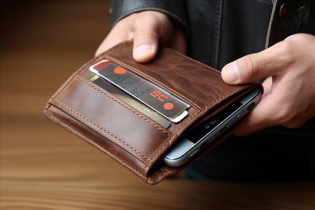 Mobile Payment. Smartphone and Magnetic Wallet with Credit Cards for Easy and Secure Transactions.の素材