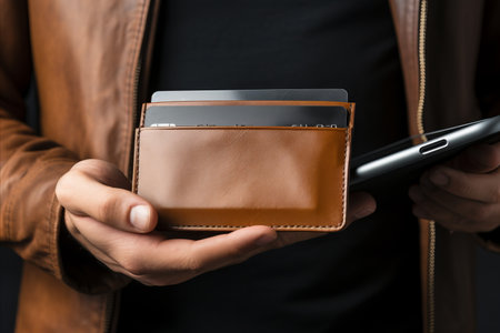Hand holding smartphone with secure payment app near magnetic wallet and credit cardsの素材