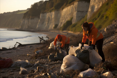 Group of Energetic Volunteers Actively Collecting Litter on the Beach and in the Waterの素材