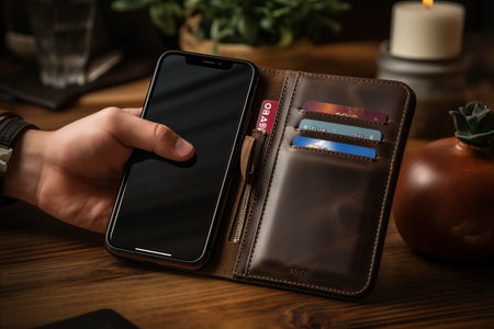 Hand holding smartphone with mobile payment app near magnetic wallet and credit cardsの素材