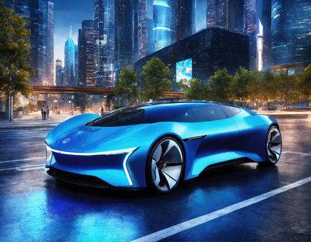 Front of the car with motion lighting background, EV car concept, Banner size.の素材