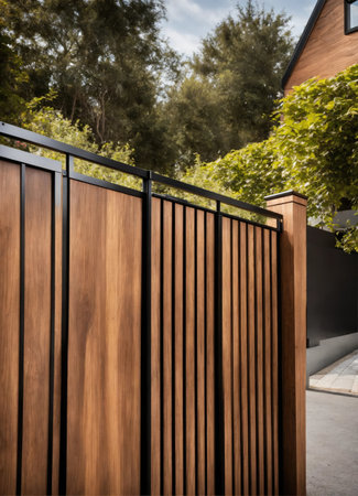 View of a Large Wooden Gateway on a Country Estate Drive.の素材