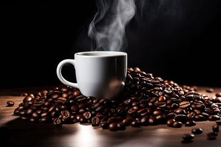 Coffee cup and saucer on a table. Dark backgroundの素材