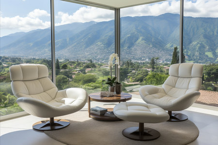 White Lounge Zone - Sofa, Armchairs, Coffee Table - Panoramic Window, Countryside Viewの素材