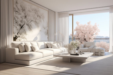 White lounge zone interior with sofa and two armchairs, coffee table and stand with decoration, carpet on hardwood floor. Panoramic window on countryside.の素材