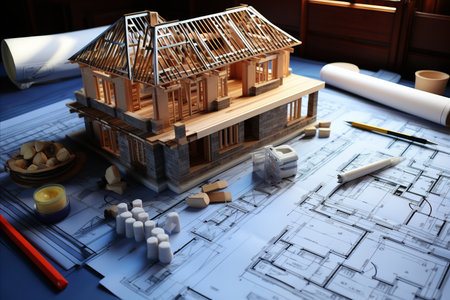 house model,blueprint,pencil and ruler on white backgroundの素材