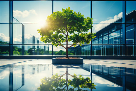 Eco architecture. Green tree and glass office building. The harmony of nature and modernity. Reflection of modern commercial building on glass with sunlight.の素材
