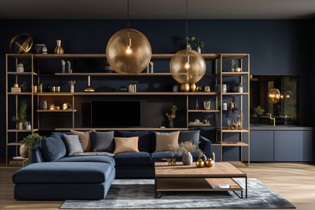 Modern Interior Design. Home, Office, Upholstered Furniture Against Dark Classical Wallの素材