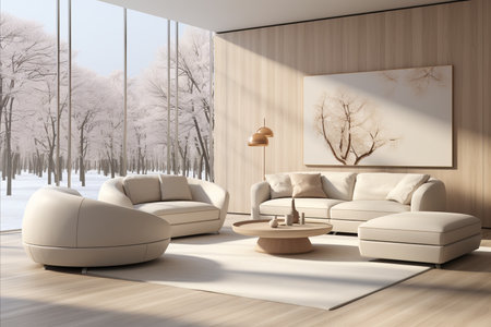 White lounge interior with panoramic countryside view. Modern sofa, armchairs, and coffee table.の素材