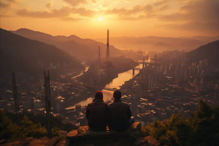 Worker Reflections. Dawn View of Oil Refinery, Embarking on a New Productive Dayの素材