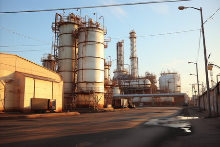 Workers Gazing at Oil Refinery at Dawn, Symbolizing the Commencement of a Fruitful Workdayの素材