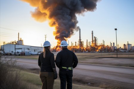 Workers at the oil refinery watching the sunrise, marking the start of a productive dayの素材
