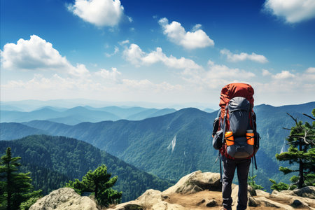 Adventurous Hiker Explores Majestic Mountains with Breathtaking Highland Panoramaの素材