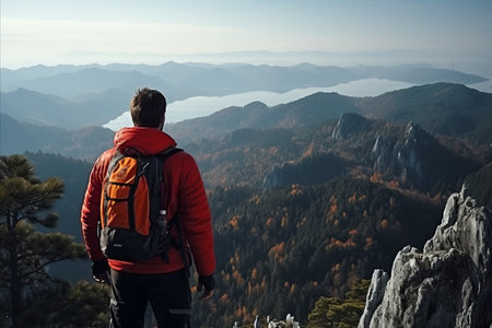 Adventurous Man Hiking in Majestic Mountain Highlands with Breathtaking Highland Viewの素材