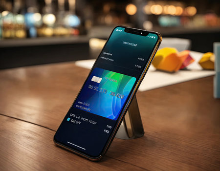 Businessman is using electronic credit card on mobile on virtual screen. The concept of using virtual credit cards in business and online commerce.の素材