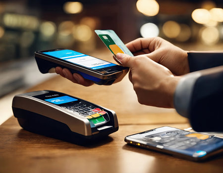 Businessman is using electronic credit card on mobile on virtual screen. The concept of using virtual credit cards in business and online commerce.の素材