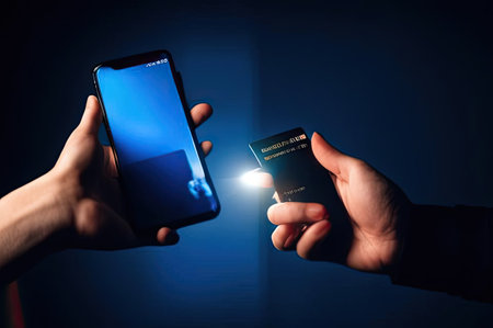 Businessman is using electronic credit card on mobile on virtual screen. The concept of using virtual credit cards in business and online commerce.の素材