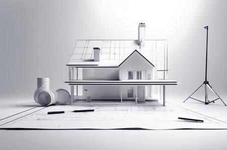 House model, blueprint, pencil, ruler on white background for architectural design and constructionの素材