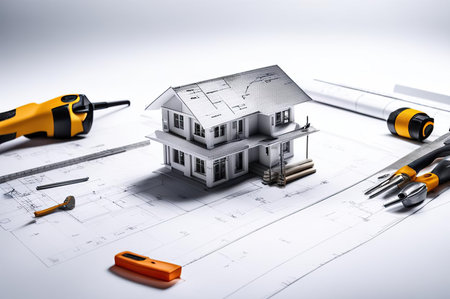 House model, blueprint, pencil, ruler on white background for architectural design and constructionの素材