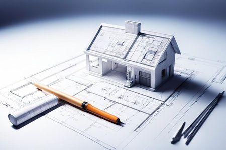 House model, blueprint, pencil, ruler on white background for architectural design and constructionの素材