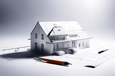 House model, blueprint, pencil, ruler on white background for architectural design and constructionの素材