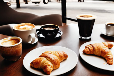 Breakfast view a bunch of croissant and a cup of coffee with cafe vibe background.の素材
