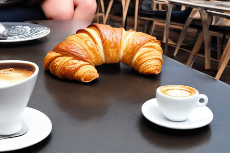 Breakfast view a bunch of croissant and a cup of coffee with cafe vibe background.の素材