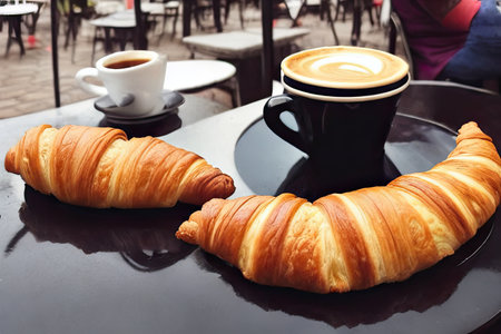 Breakfast view a bunch of croissant and a cup of coffee with cafe vibe background.の素材