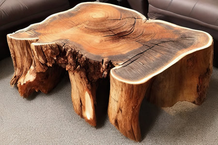Expensive vintage furniture. Luxury quality wood processing. Exclusive coffee table made of solid wood. Tabletop with live edge and natural cracks.の素材