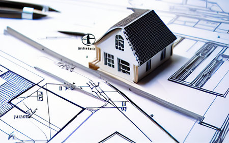 House model, blueprint, pencil, ruler on white background for architectural design and constructionの素材