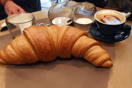 Breakfast view a bunch of croissant and a cup of coffee with cafe vibe background.の素材