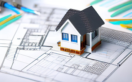 House model, blueprint, pencil, ruler on white background for architectural design and constructionの素材