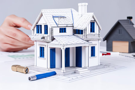 House model, blueprint, pencil, ruler on white background for architectural design and constructionの素材