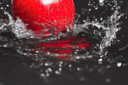 red apple falling into water splashの素材