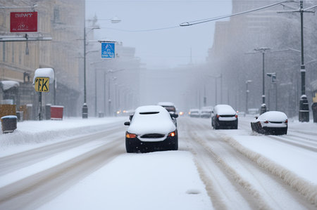 Crashed cars right after an accident on winter road with snow.の素材