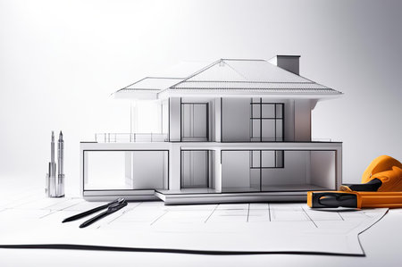 House model, blueprint, pencil, ruler on white background for architectural design and constructionの素材
