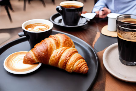 Breakfast view a bunch of croissant and a cup of coffee with cafe vibe background.の素材