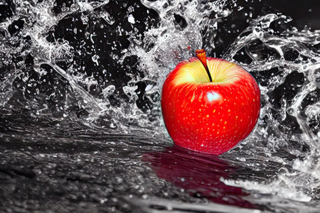 red apple falling into water splashの素材
