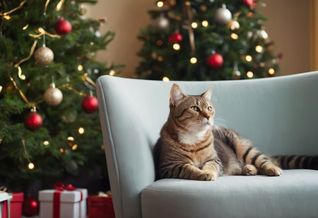 Gray cat resting in a soft armchair and carefully looks into the camera, abstract blurred room background. portrait of cute relaxed cat close up. concept of happy pet life, care of domestic animal.の素材